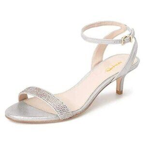 XYD Silver Women Open Toe Ankle Strap Sandals Shoes Kitten Heel Rhinestones